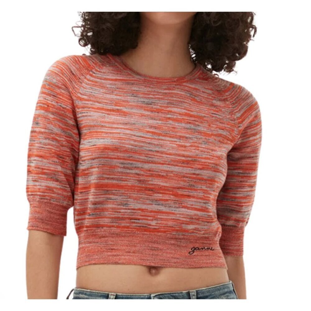 GANNI Merino Wool Mouline Cropped Top in Orange Size XS Half Sleeves